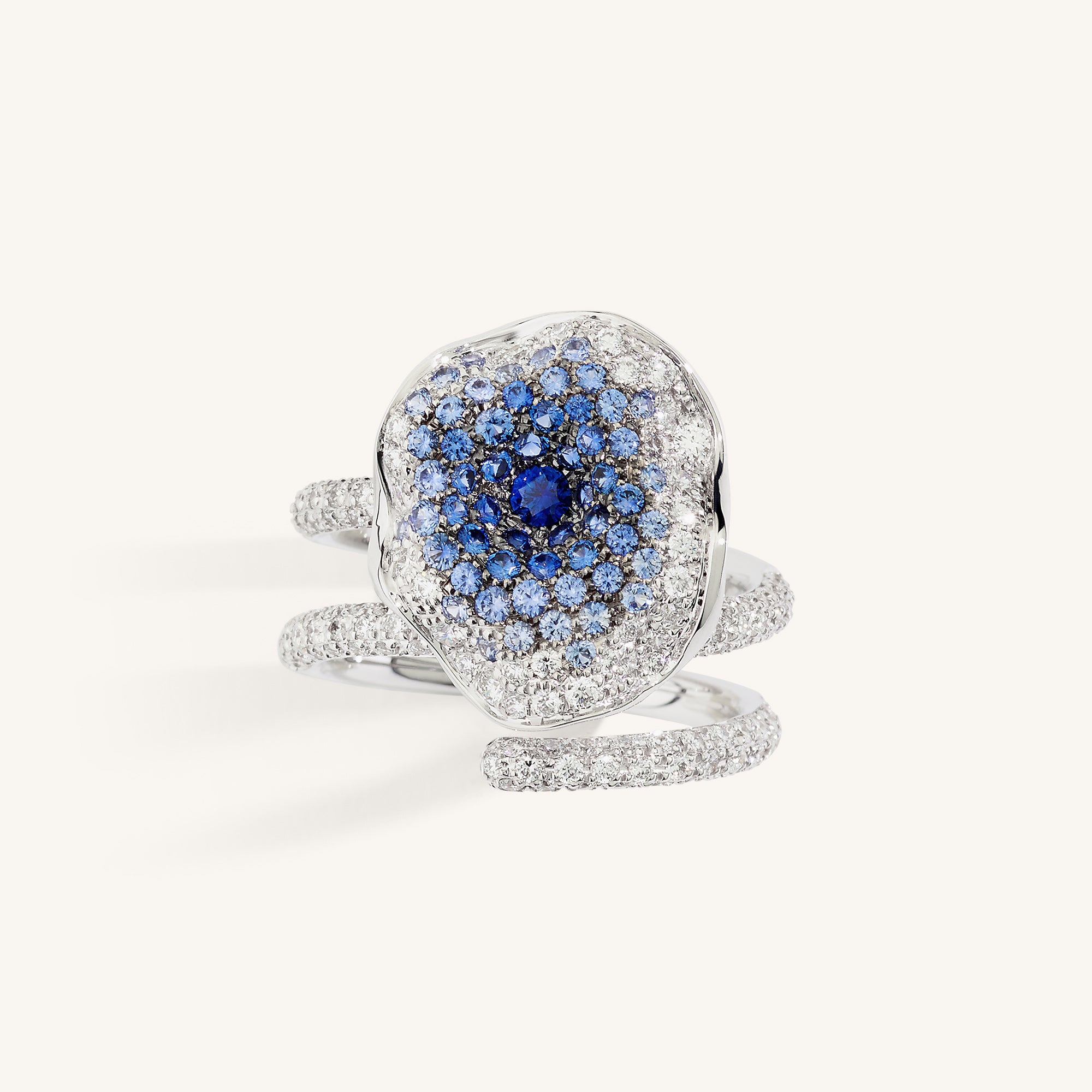 Moon Flowers ring with white diamonds and sapphires