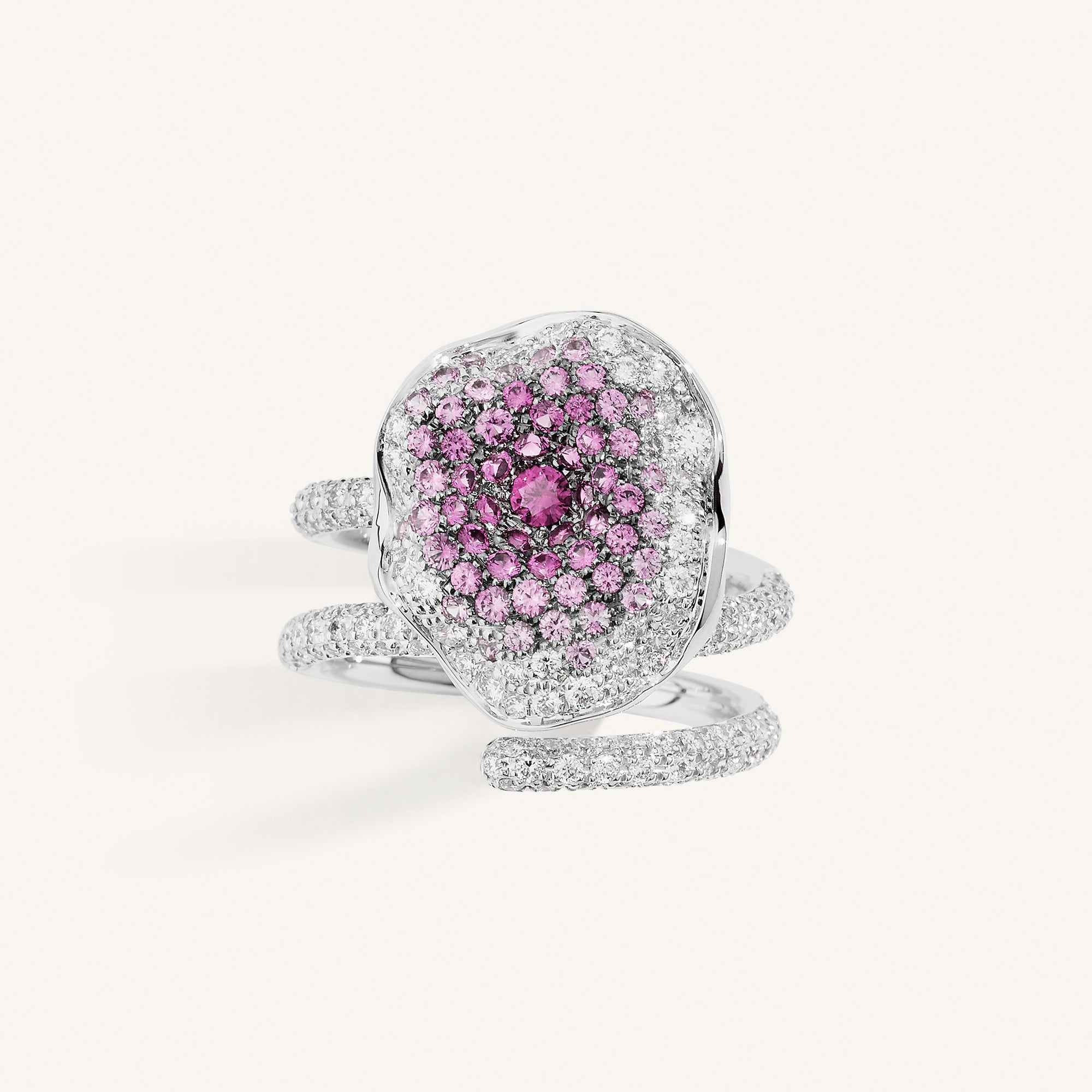 Moon Flowers ring with white diamonds and sapphires