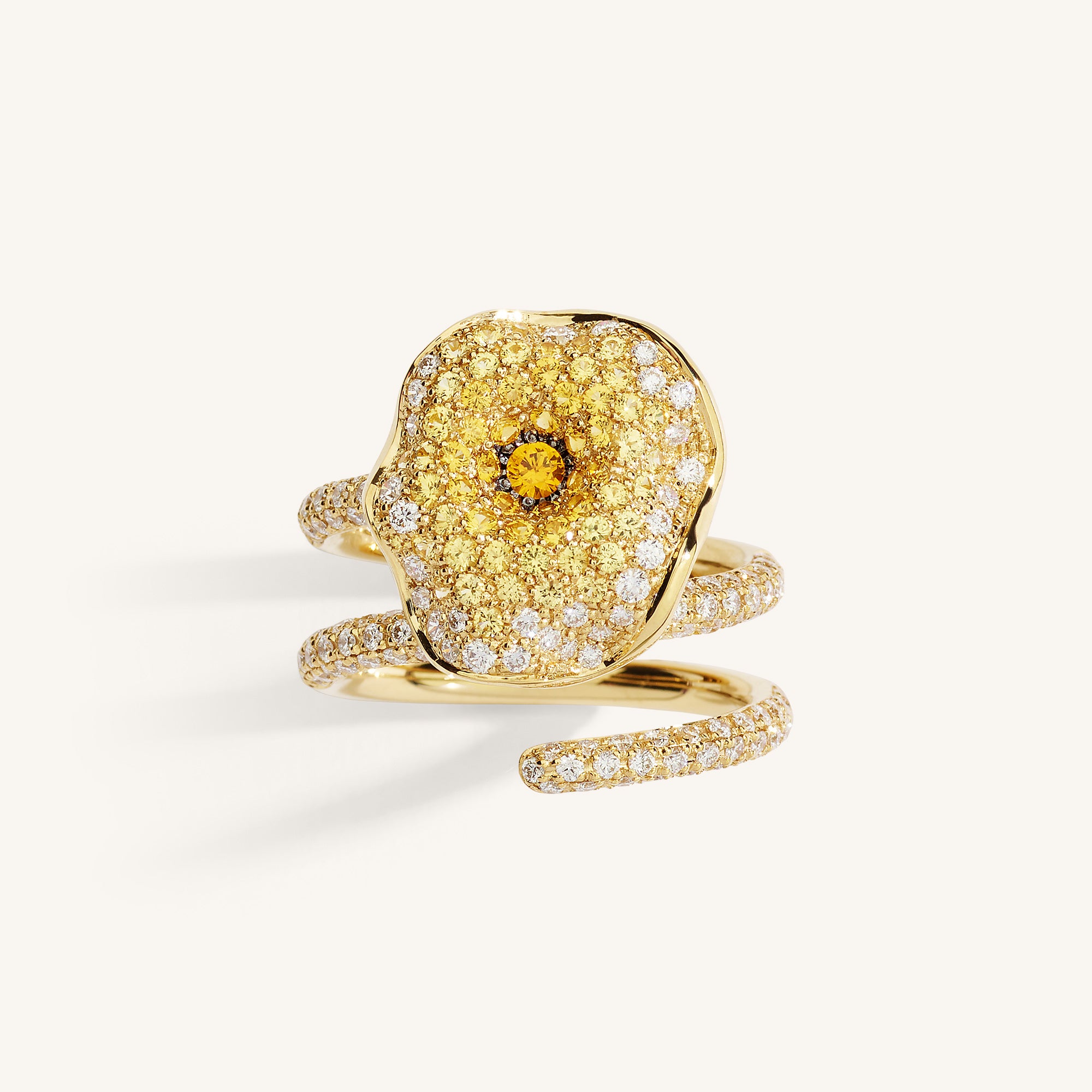 Moon Flowers ring with white diamonds and sapphires