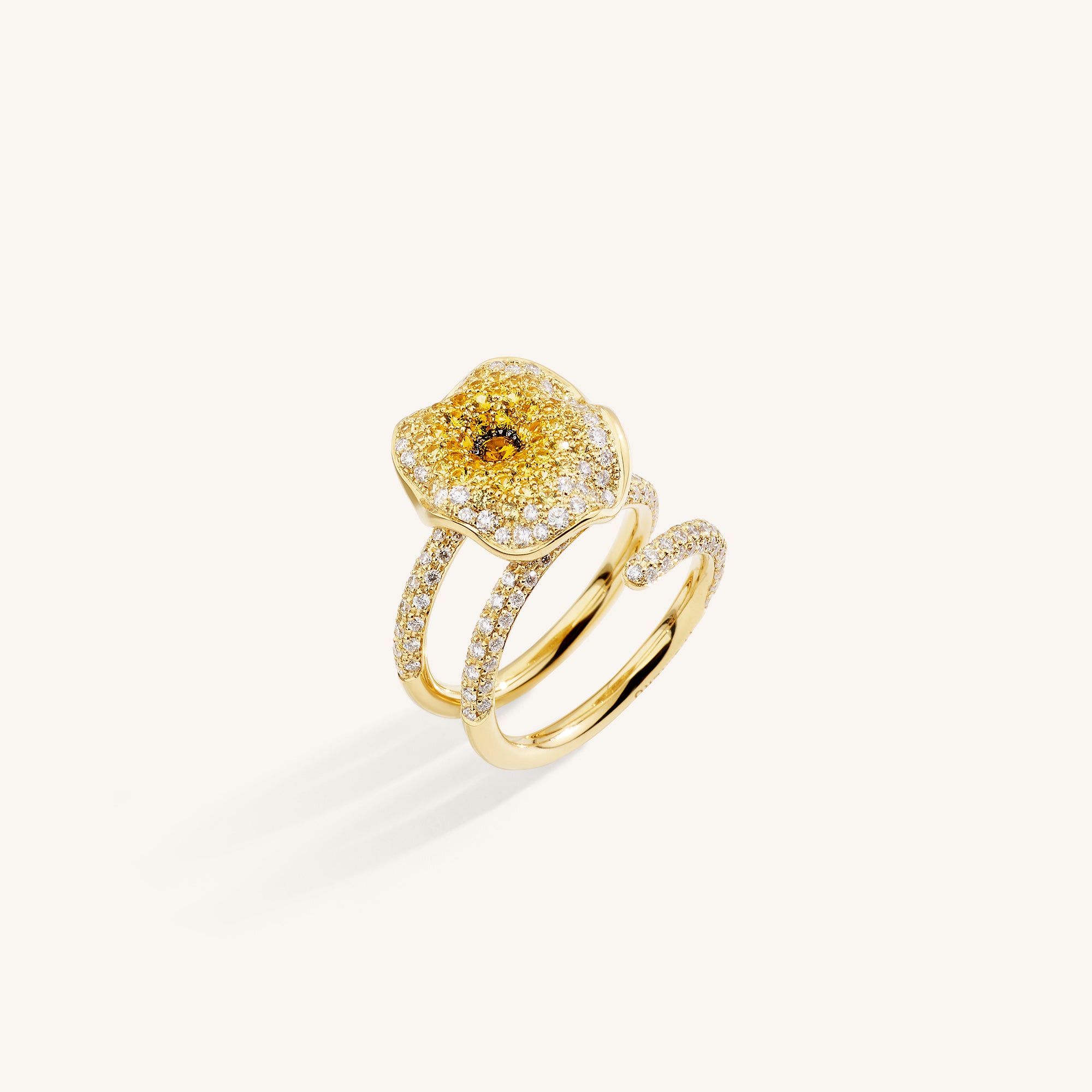 Moon Flowers ring with white diamonds and sapphires