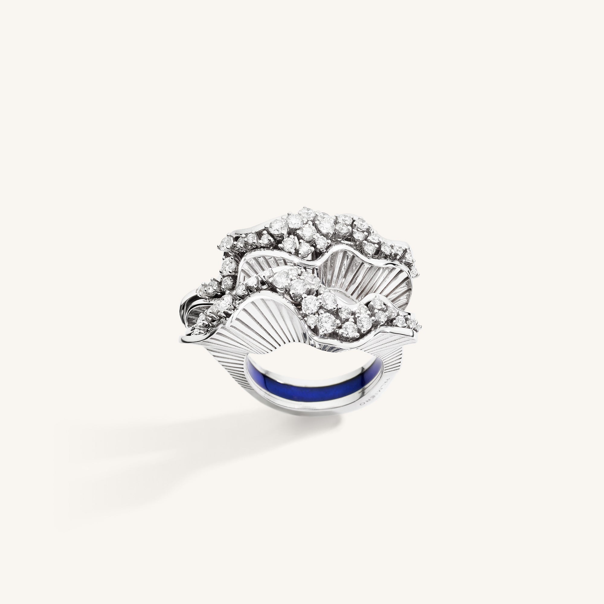 Rays of Sun ring with white diamonds and blue enamel