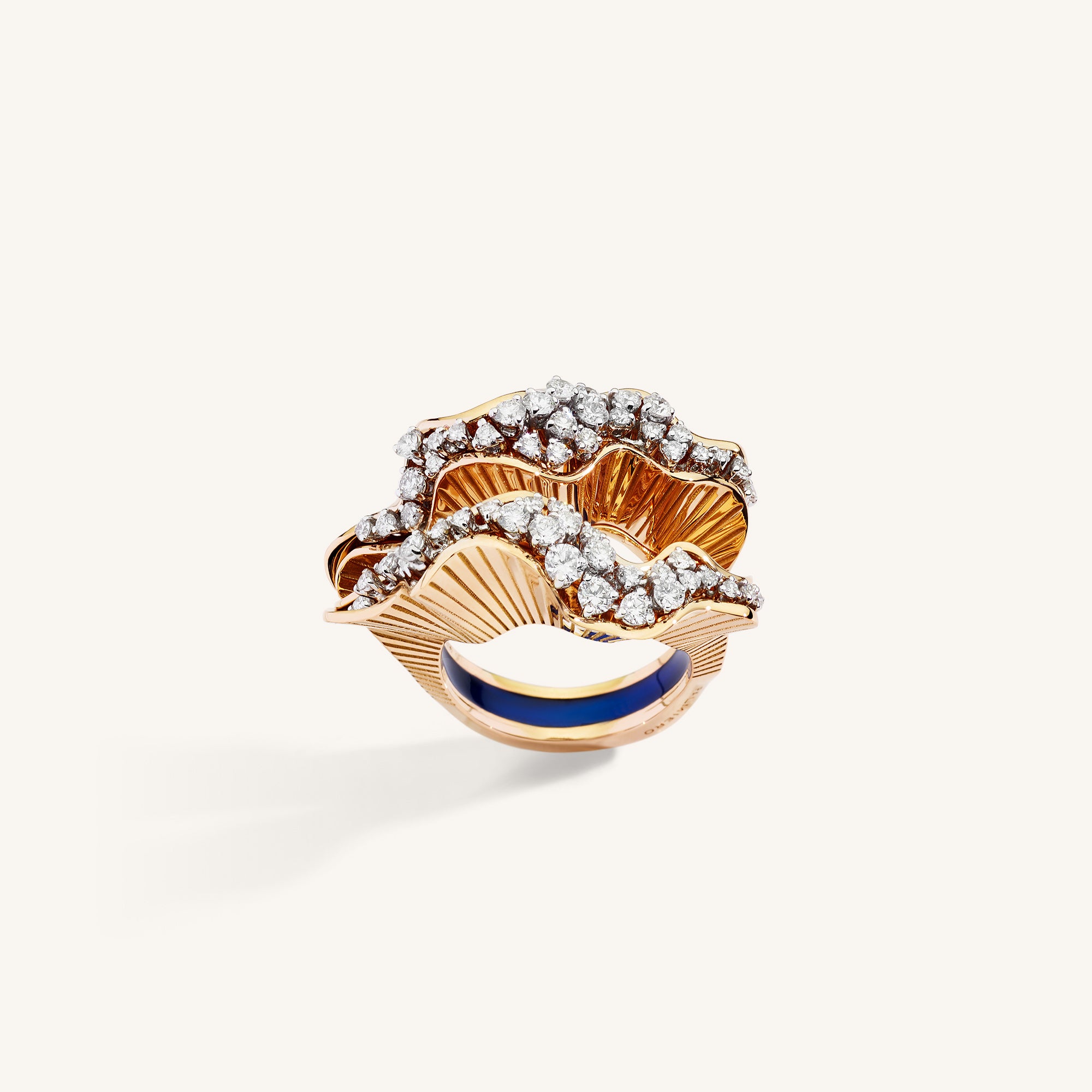 Rays of Sun ring with white diamonds and blue enamel