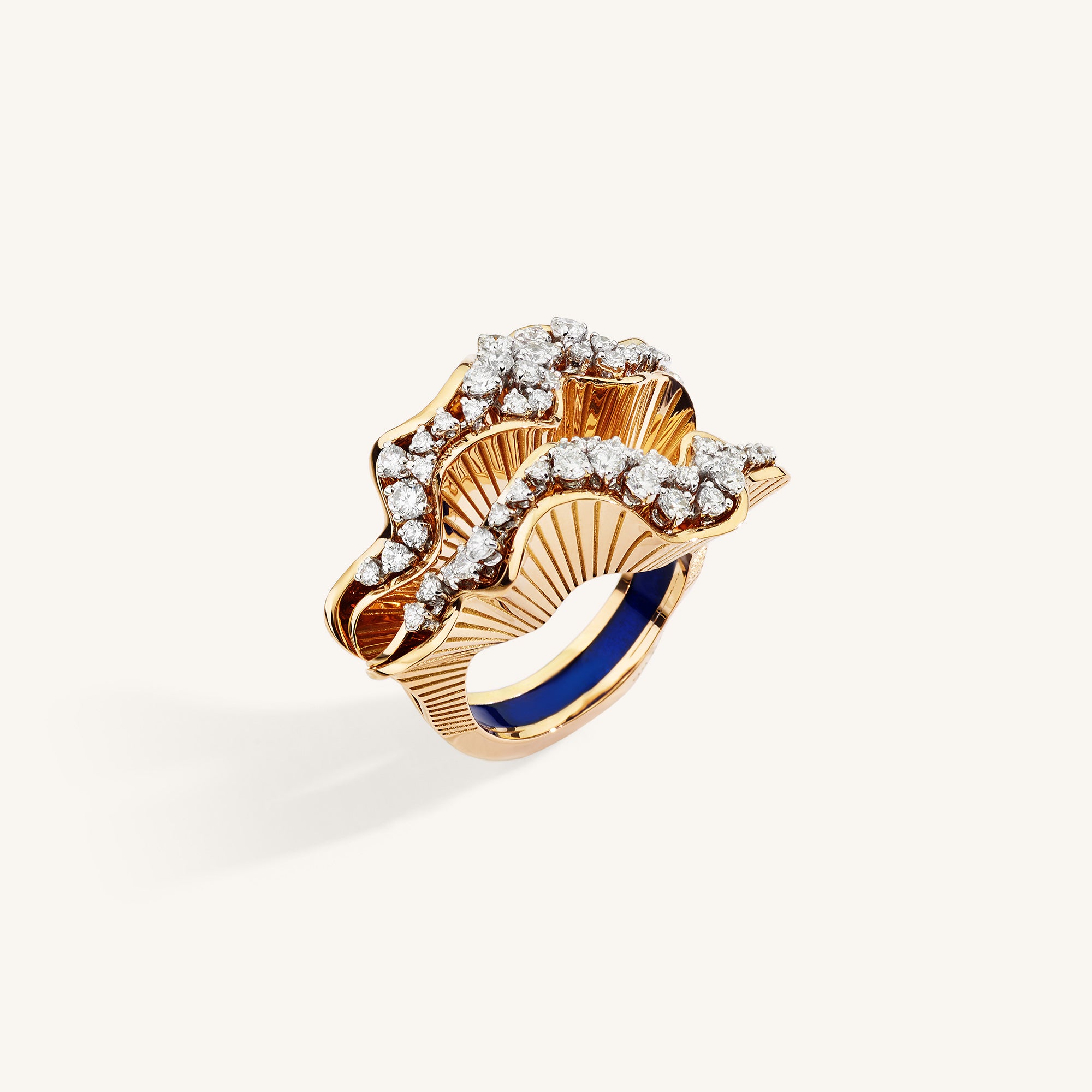 Rays of Sun ring with white diamonds and blue enamel