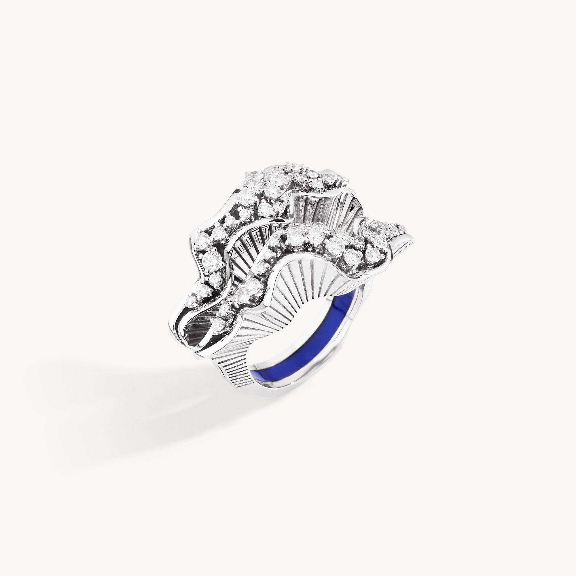 Rays of Sun ring with white diamonds and blue enamel