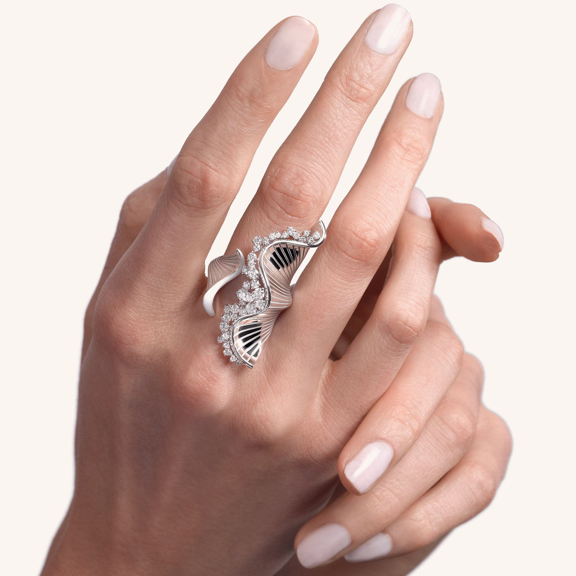 Rays of Sun ring with white diamonds and white enamel