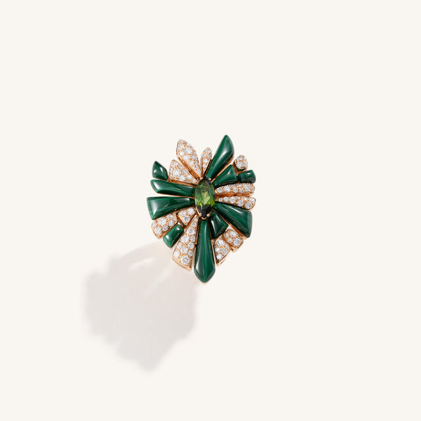 Decò ring with malachites, tourmaline and white diamonds