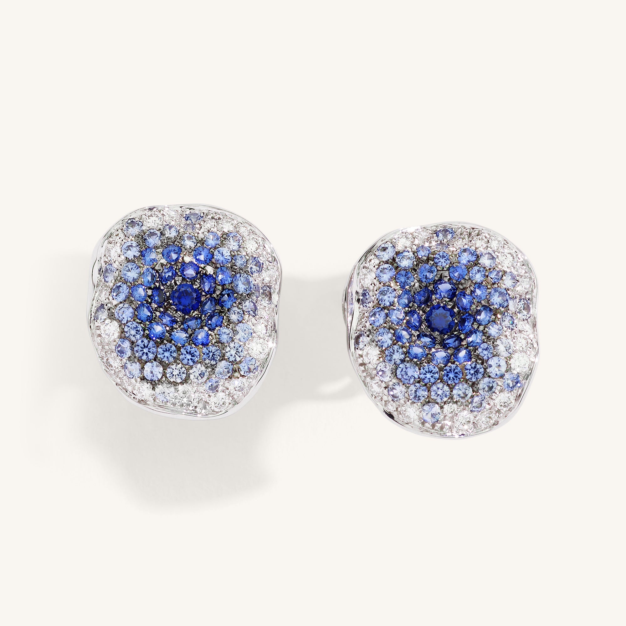 Moon Flowers earrings with white diamonds and sapphires