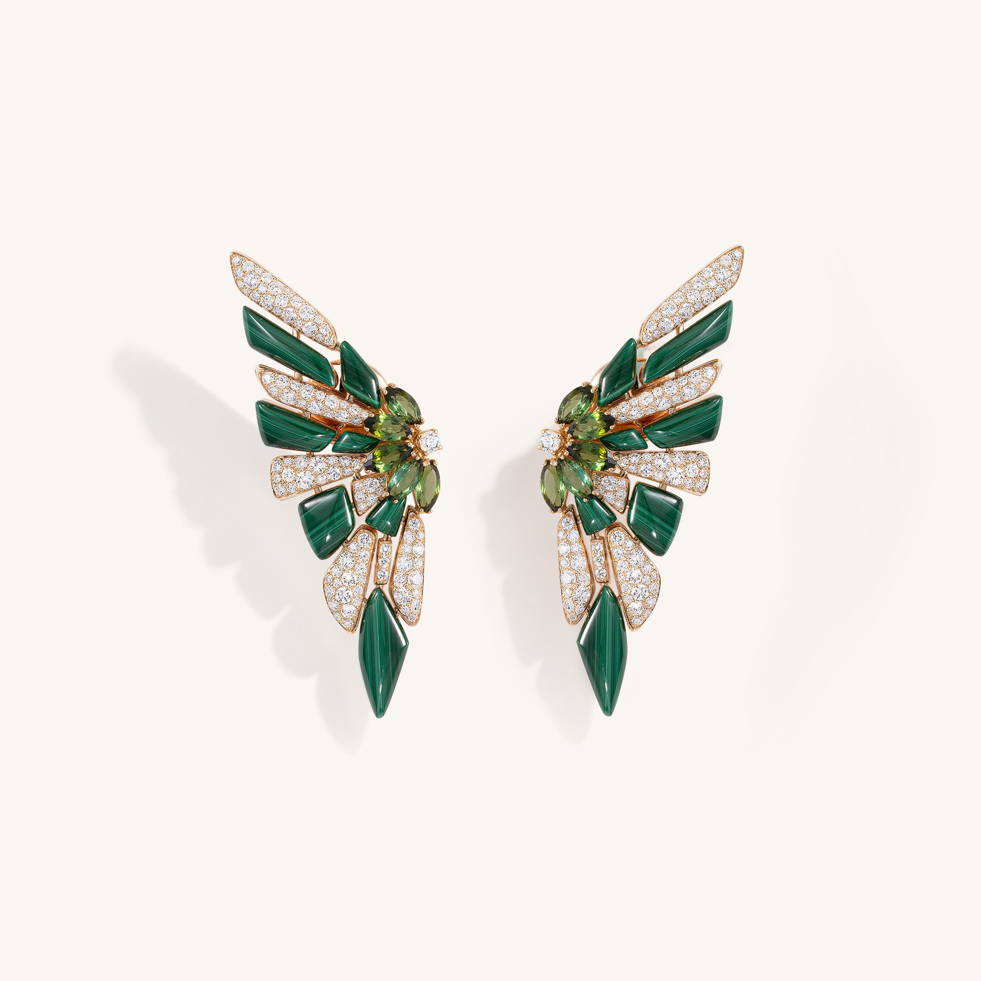Decò earrings with malachites, tourmaline and white diamonds