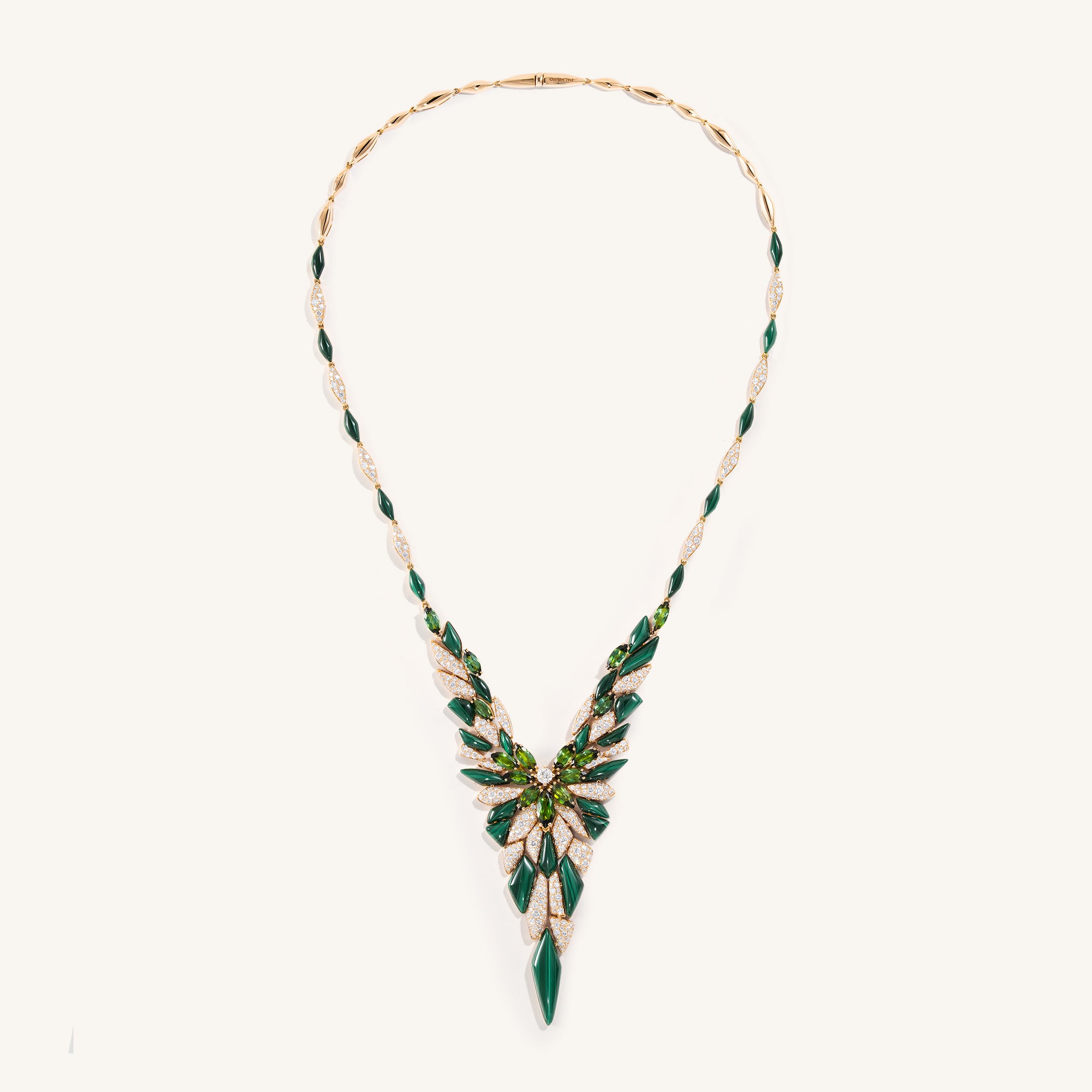 Decò necklace with malachites, tourmalines and white diamonds