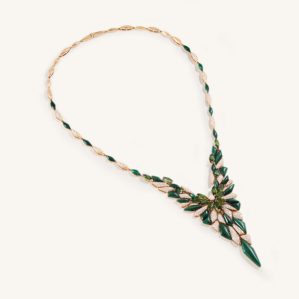 Decò necklace with malachites, tourmalines and white diamonds