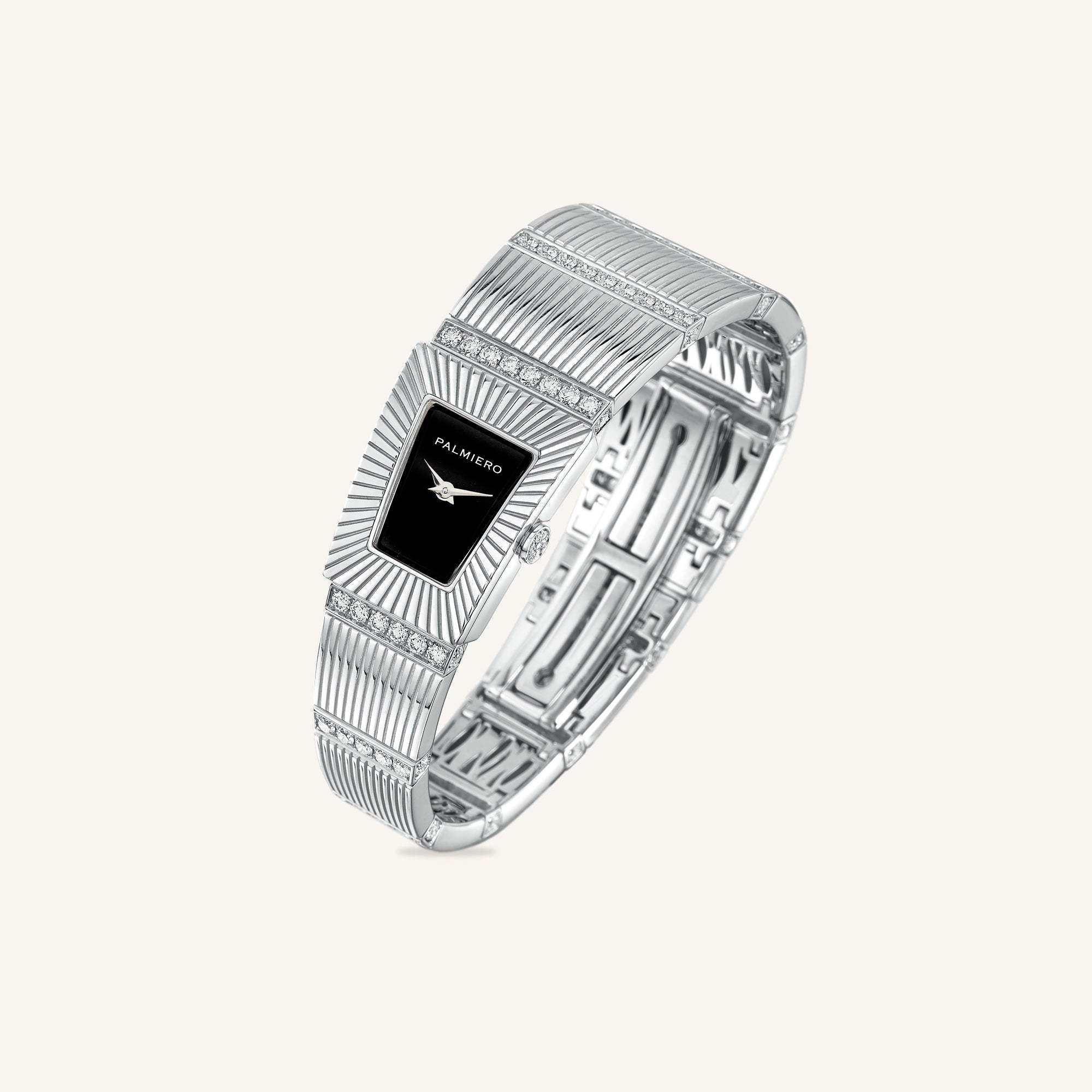 Cleopatra watch with onyx dial and white diamonds on white gold