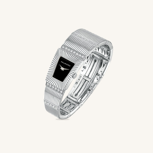Cleopatra watch with onyx dial and white diamonds on white gold