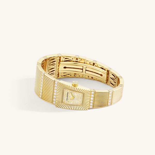 Cleopatra watch with white full pavé diamonds dial on yellow gold