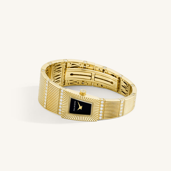 Cleopatra watch with onyx dial and white diamonds on yellow gold