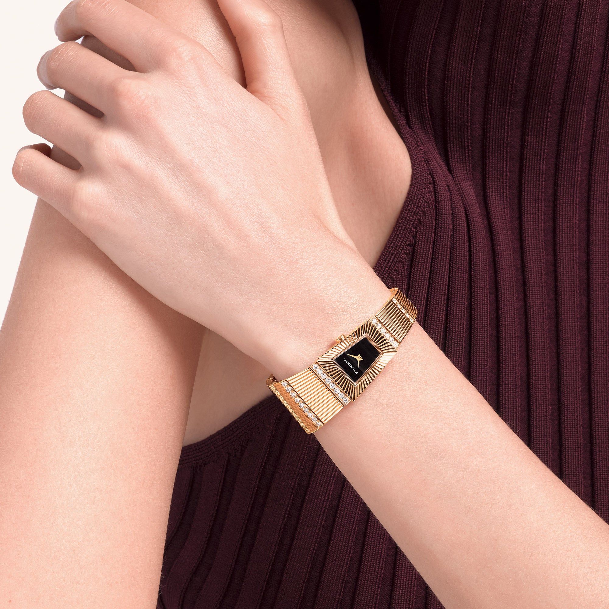 Cleopatra watch with onyx dial and white diamonds on rose gold