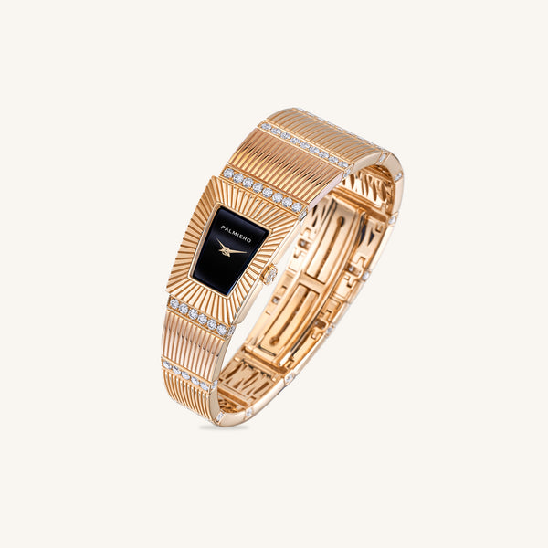 Cleopatra watch with onyx dial and white diamonds on rose gold