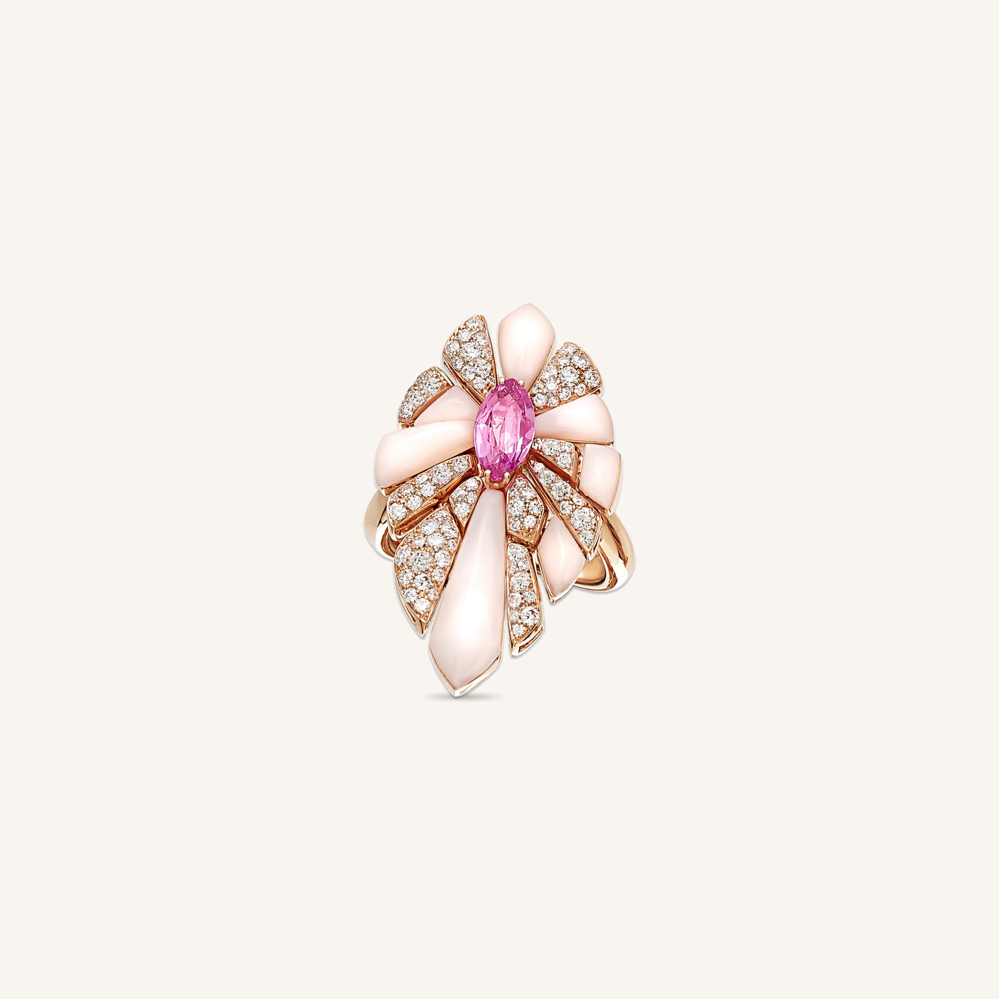 Decò ring with pink opals, pink sapphire and white diamonds