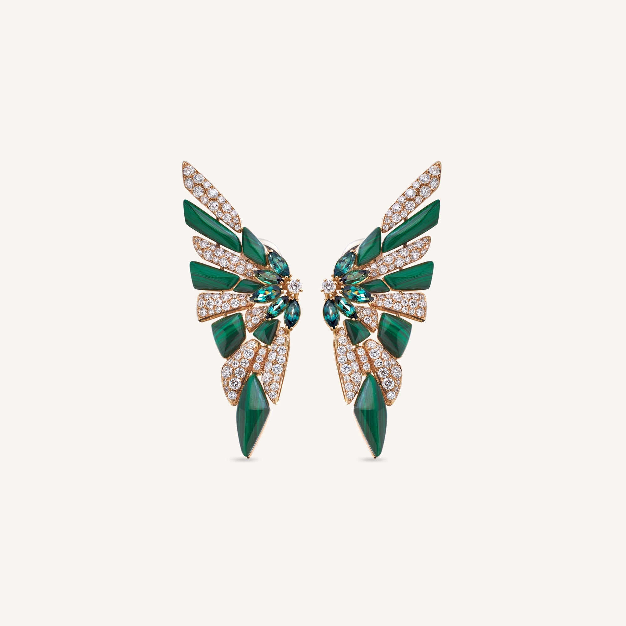 Decò earrings with malachites, tourmaline and white diamonds