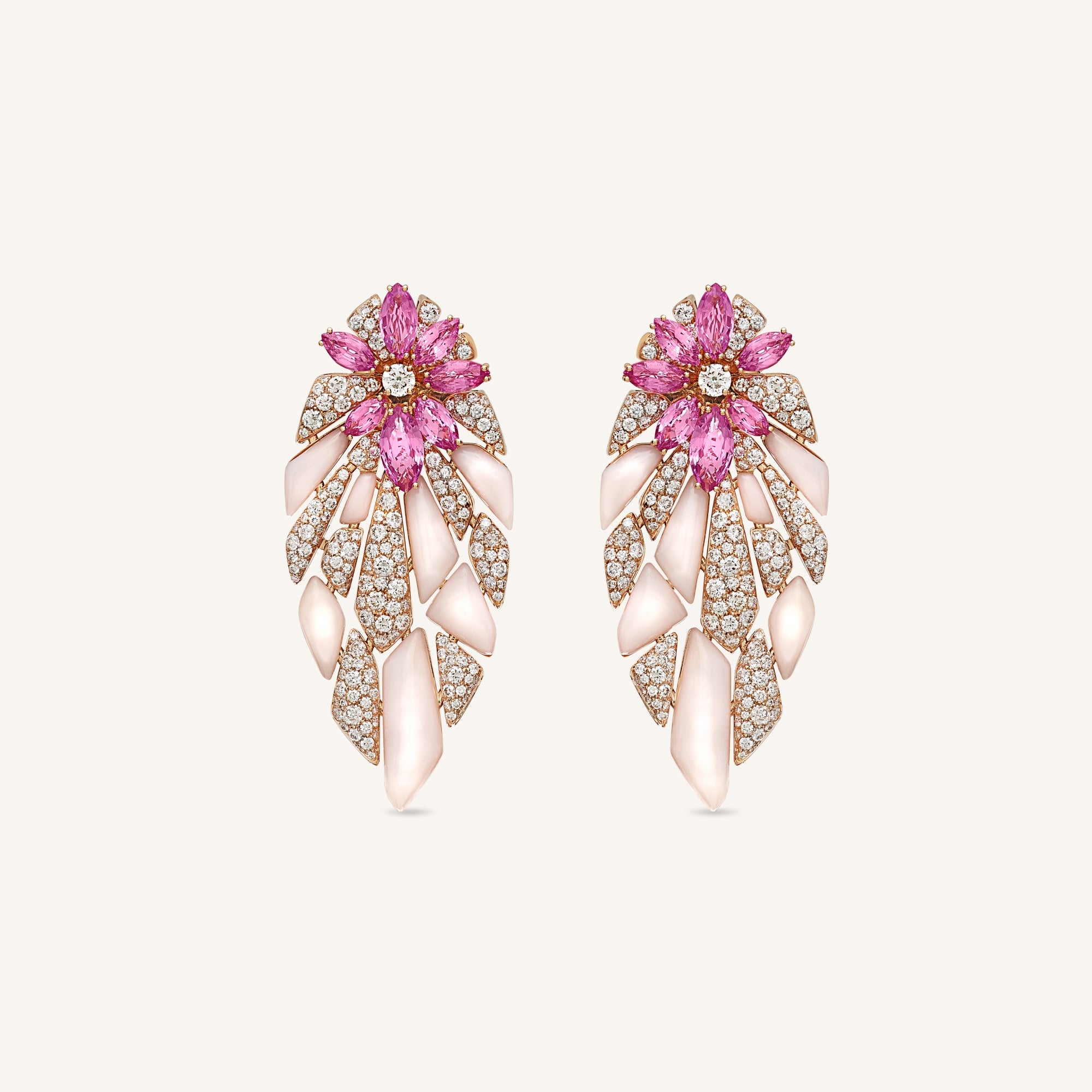 Decò earrings with pink opals, pink sapphires and white diamonds