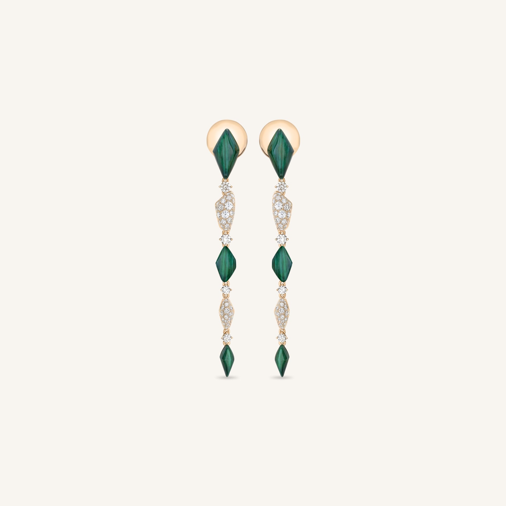 Decò long earrings with malachites and white diamonds