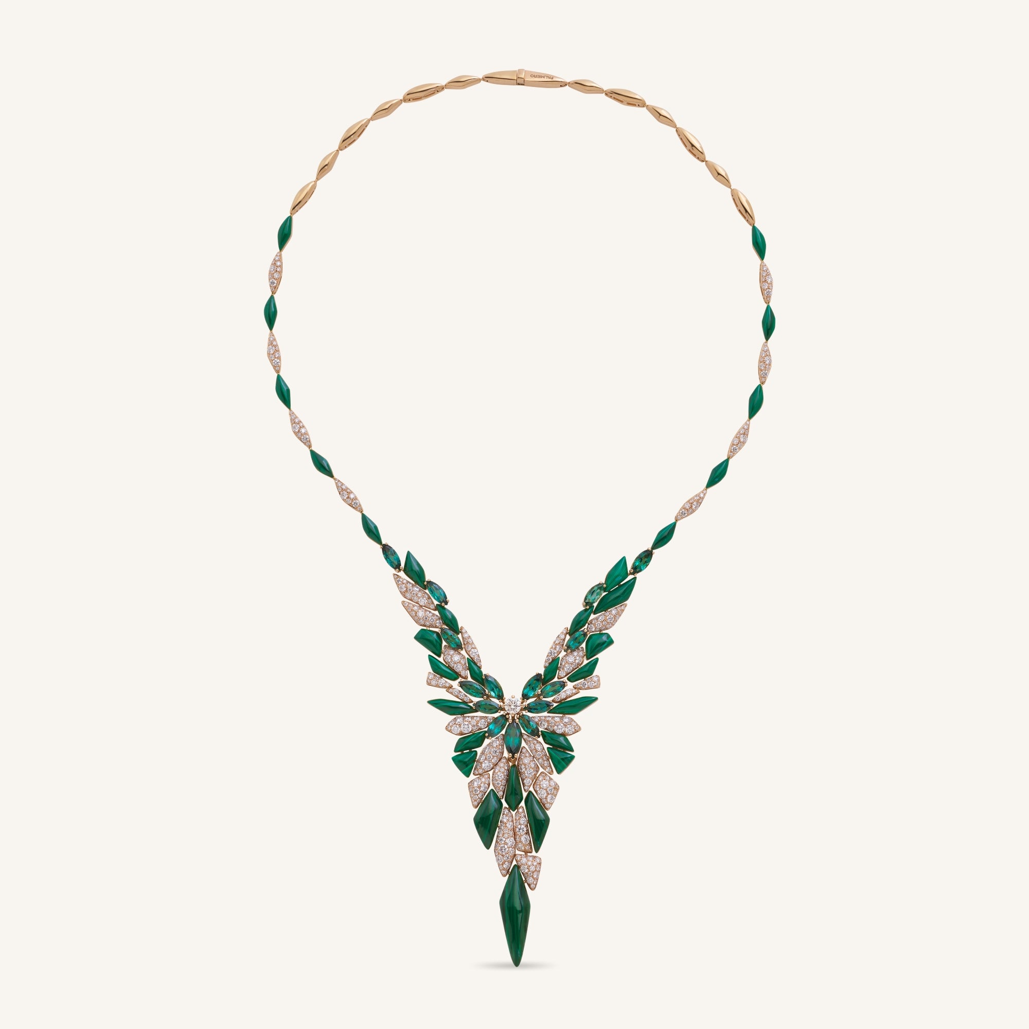 Decò necklace with malachites, tourmalines and white diamonds