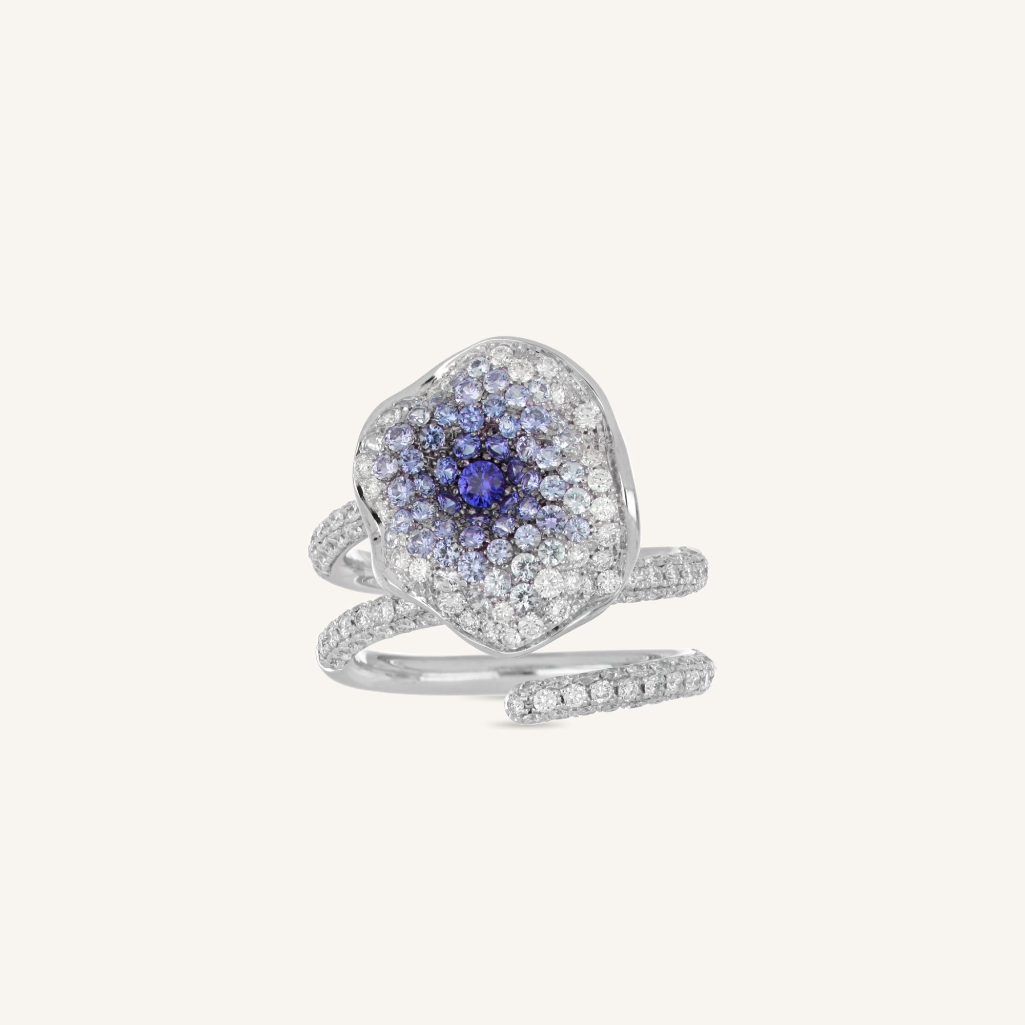 Moon Flowers ring with white diamonds and sapphires