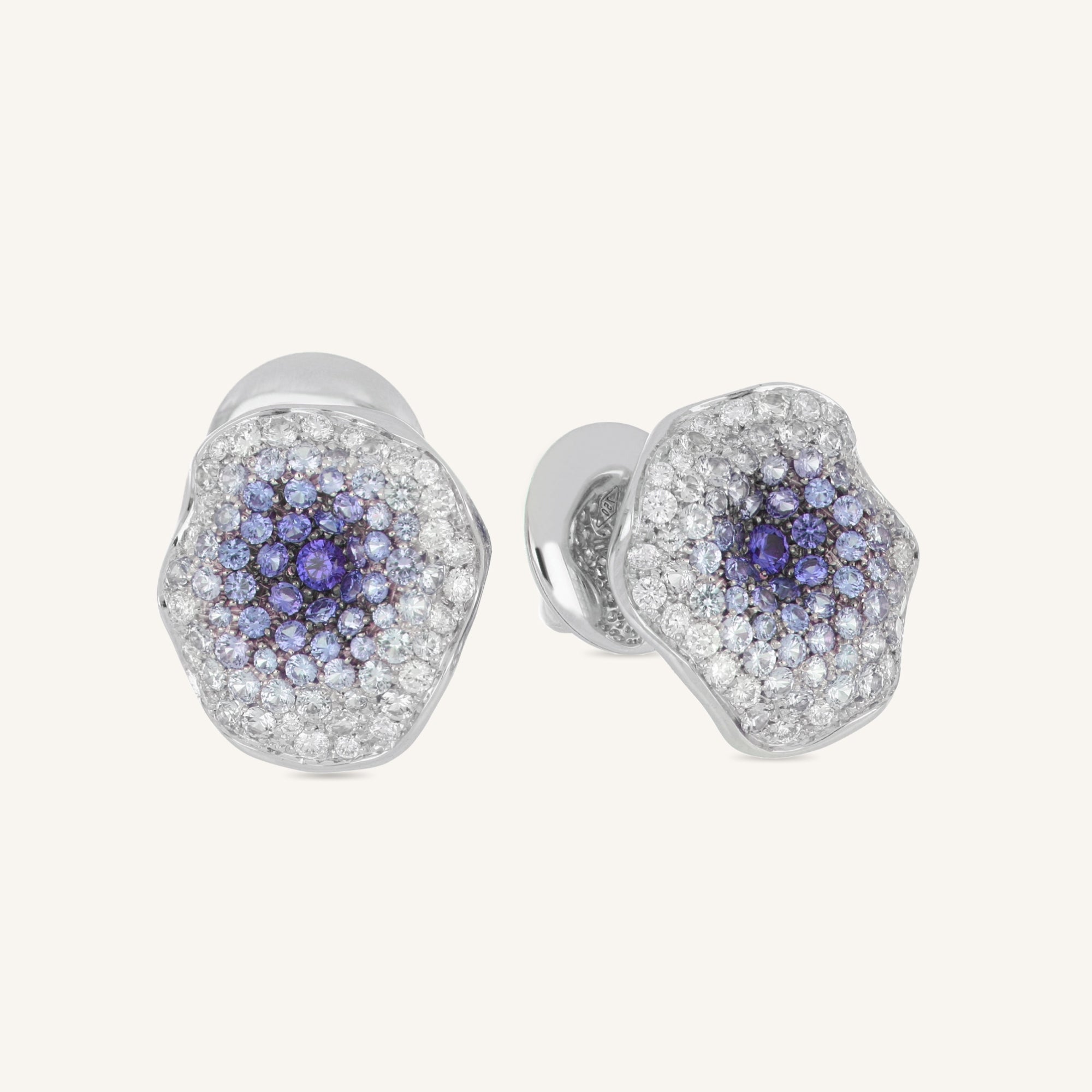 Moon Flowers earrings with white diamonds and sapphires