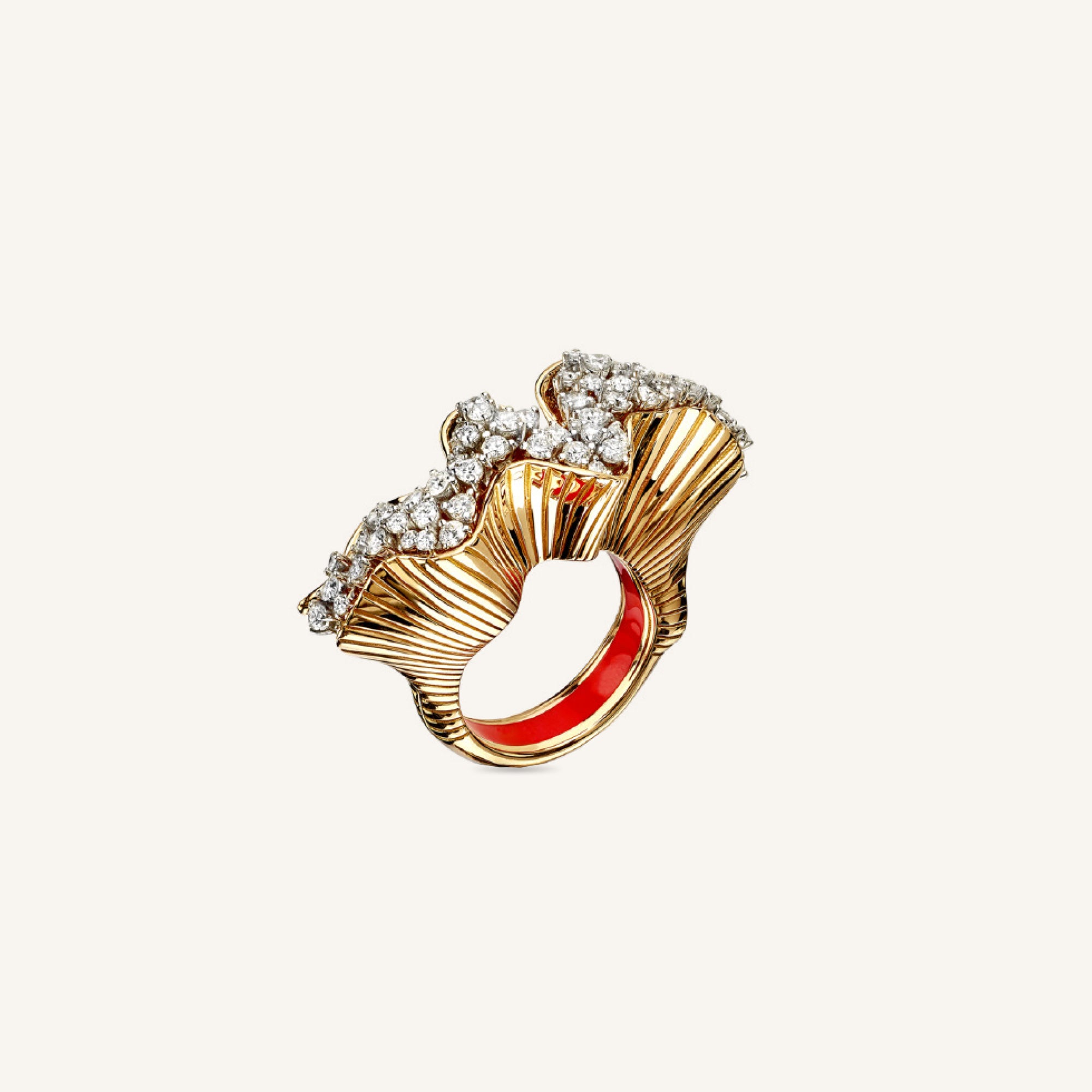 Rays of Sun ring with white diamonds and red enamel