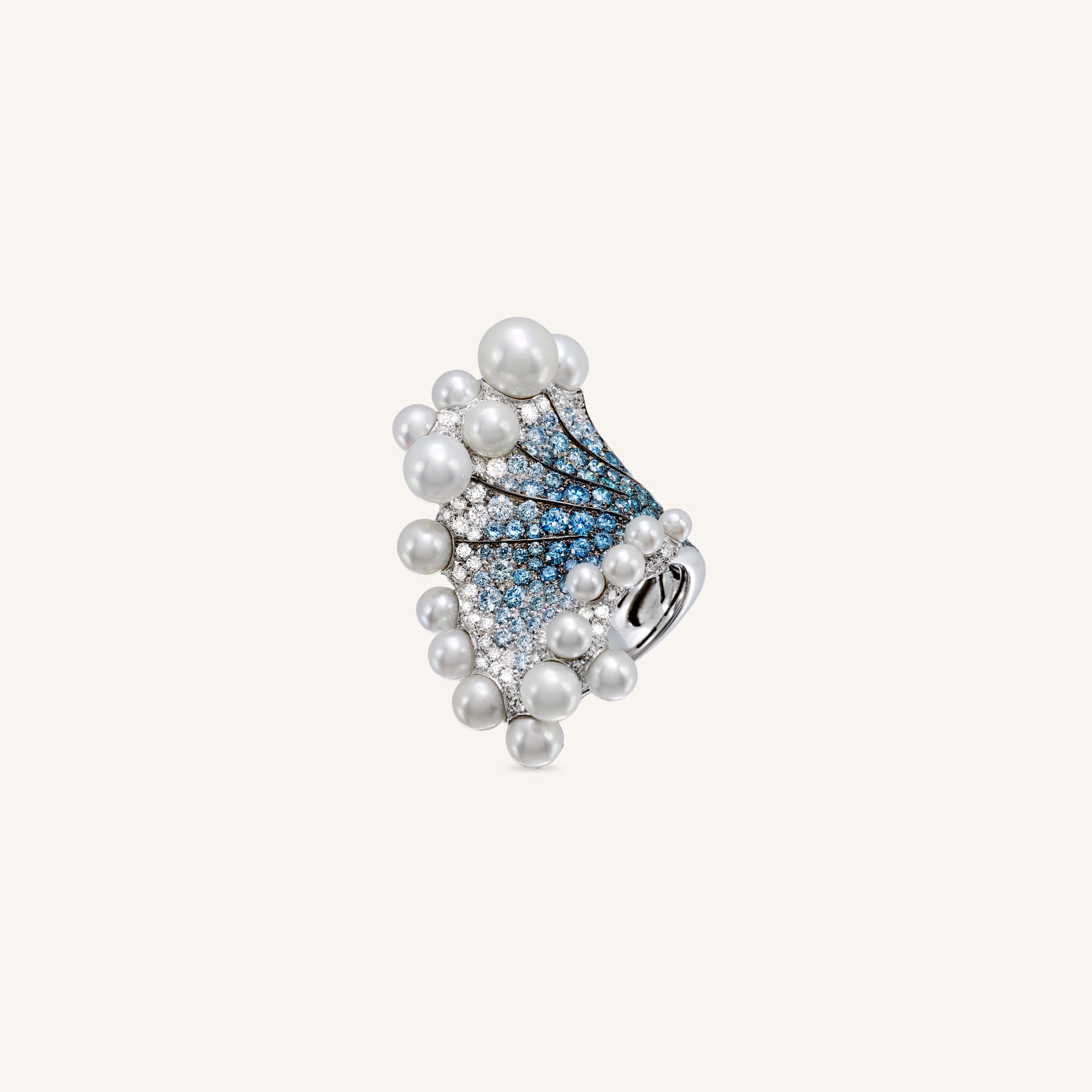 Waves of Wonders ring with pearls and white, coloured diamonds