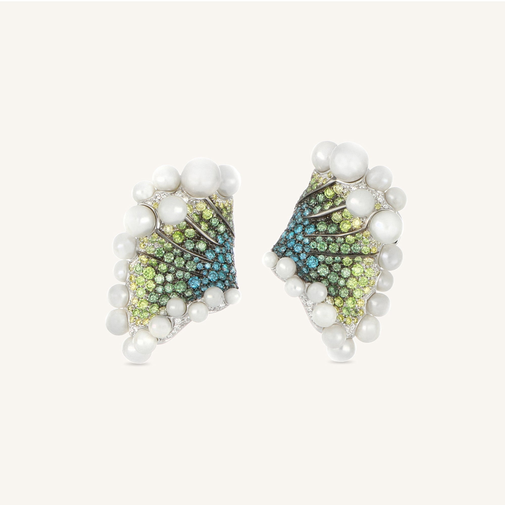 Waves of Wonders earrings with pearls and white, coloured diamonds