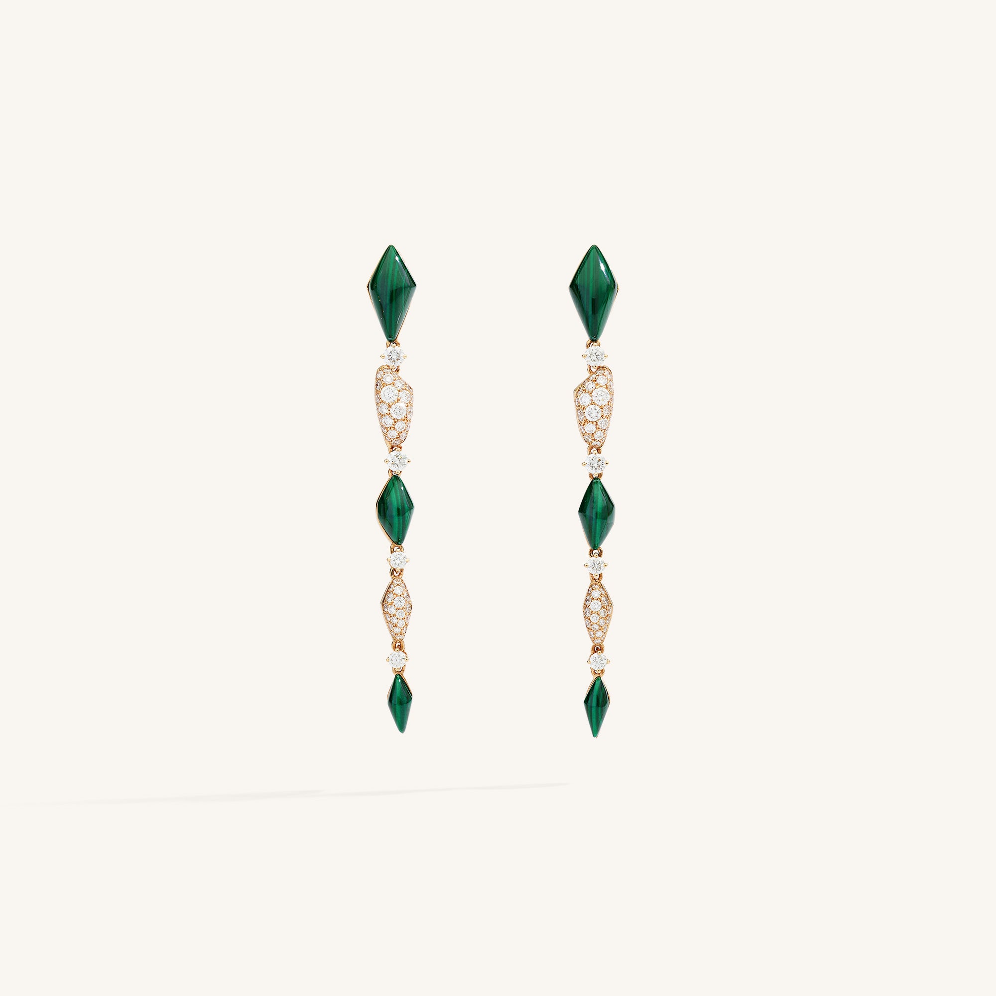 Decò long earrings with malachites and white diamonds