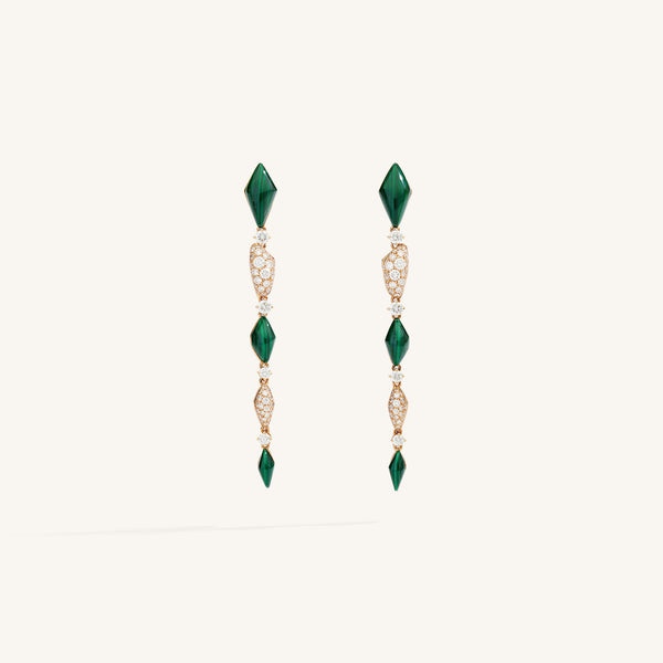 Decò long earrings with malachites and white diamonds