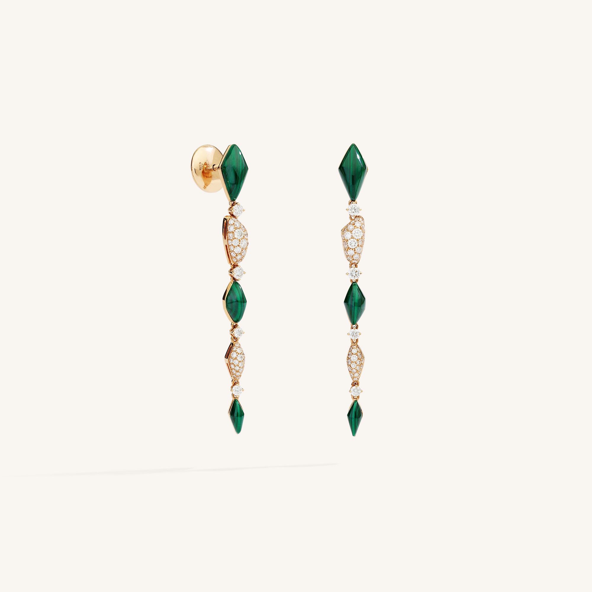 Decò long earrings with malachites and white diamonds